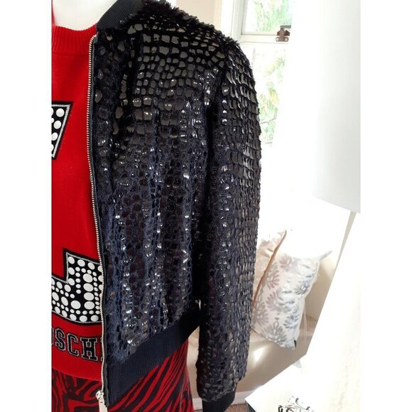 EUC John + Jenn black faux fur fuzzy feel & textured surface bomber jacket - Picture 3 of 15